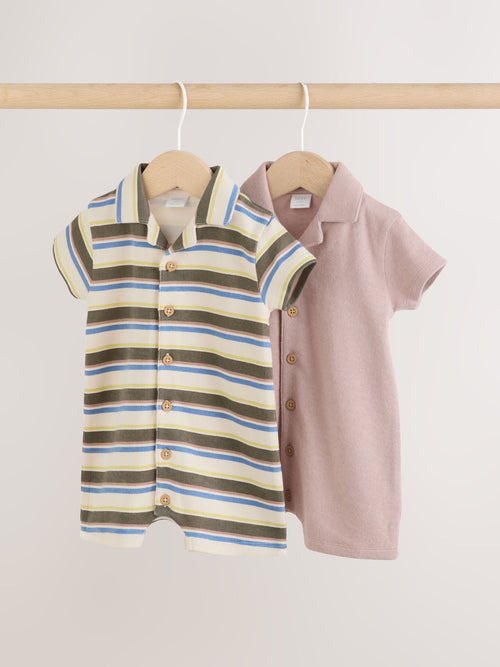 Khaki Green/Blue/Cream Stripe Jersey Collared Rompers Baby 2 Pack