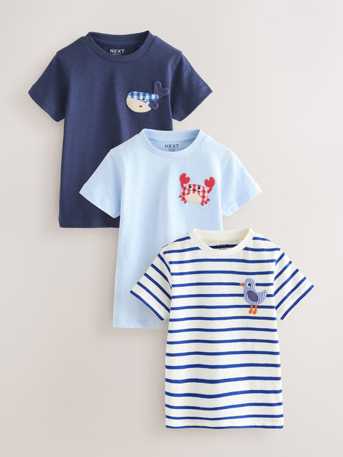 Navy Sea Animal Short Sleeve Appliqué T-Shirts 3 Pack (3mths-7yrs)