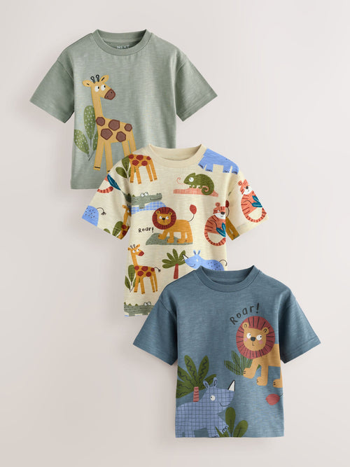 Green Safari Animals Short Sleeve Appliqué T-Shirts 3 Pack (3mths-7yrs)