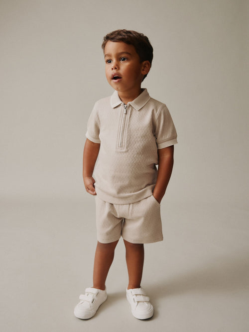 Neutral Zip Neck Short Sleeve Polo Shirt And Shorts Set (3mths-7yrs)