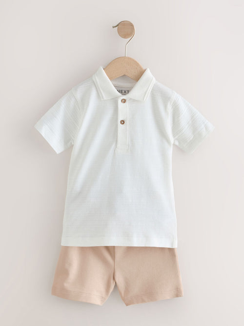 White Short Sleeve Textured Polo Shirt and Shorts Set (3mths-7yrs)