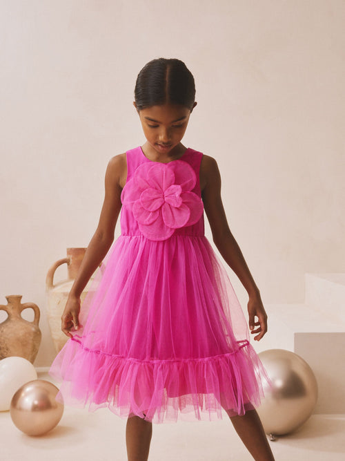 Pink Flower Corsage Mesh Occasion Dress (3-16yrs)