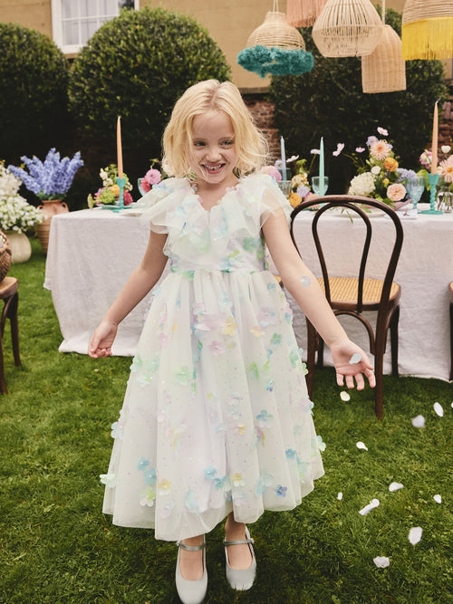 White 3D Flower Ruffle Mesh Occasion Dress (3-16yrs)