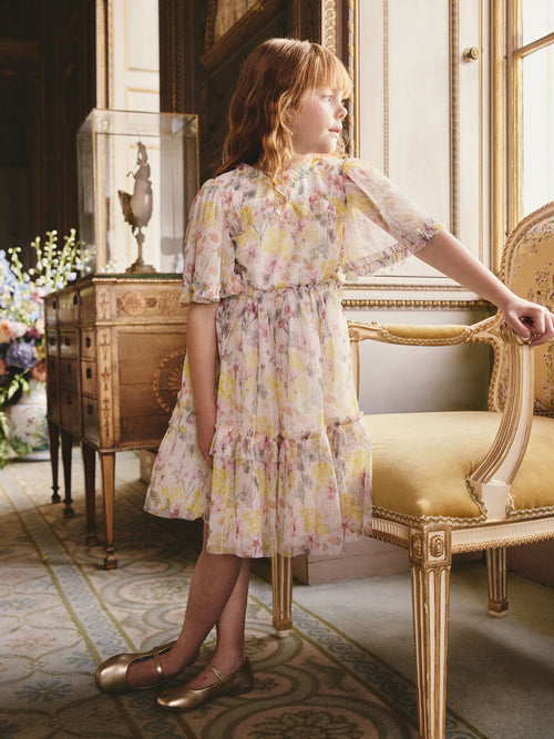 Yellow Floral Angel Sleeve Mesh Occasion Dress (3-16yrs)