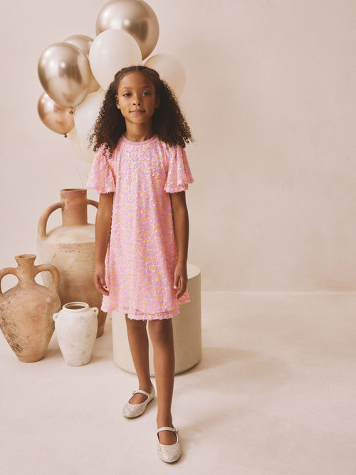 Pastel Pink Angel Sleeve Sequin Party Dress (3-16yrs)