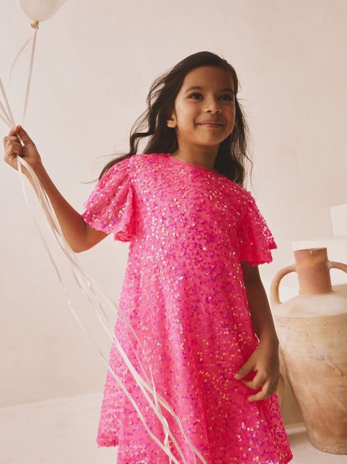Bright Pink Angel Sleeve Sequin Party Dress (3-16yrs)