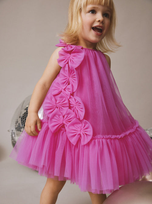 Bright Pink Bows Sleeveless Mesh Dress (3mths-7yrs)