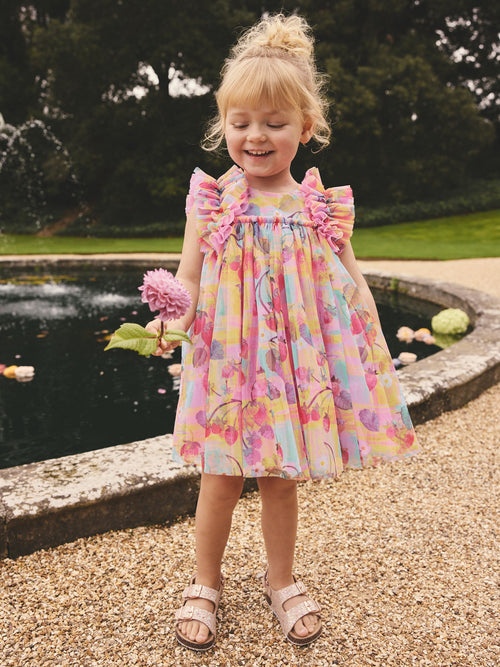 Pink Ruffle Shoulder Mesh Dress (3mths-7yrs)