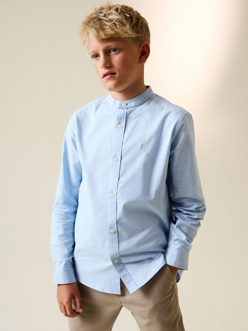 Blue Long Sleeve Grandad Collar Oxford Shirt (3-16yrs)