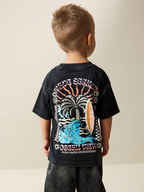 Black Acid Wash Surf Club Oversized Short Sleeve Back Print T-Shirt (3mths-7yrs)
