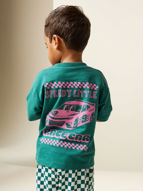 Green/Pink Race Car Short Sleeve Back Print T-Shirt (3mths-7yrs)