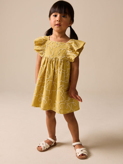 Ochre Yellow Embroidered Angel Sleeve Dress (3mths-8yrs)