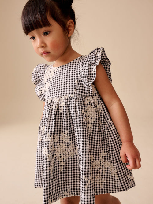 Black/White Gingham Embroidered Frill Sleeve Dress (3mths-8yrs)