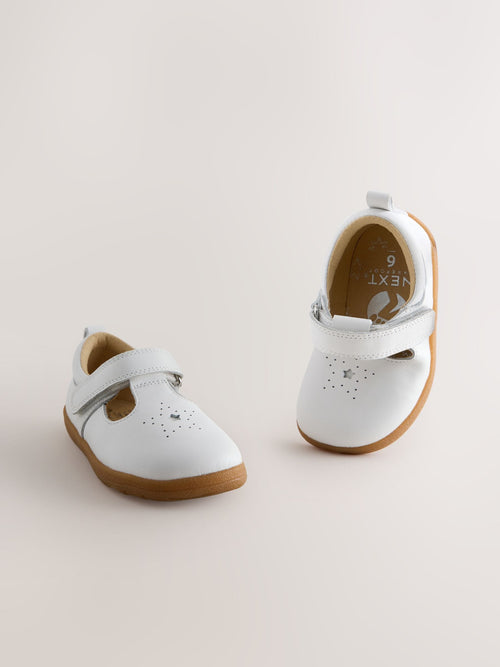 White Barefoot Leather Touch Fastening T-Bar Shoes