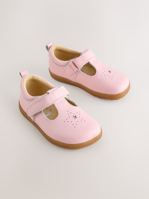 Pink Barefoot Leather Touch Fastening T-Bar Shoes