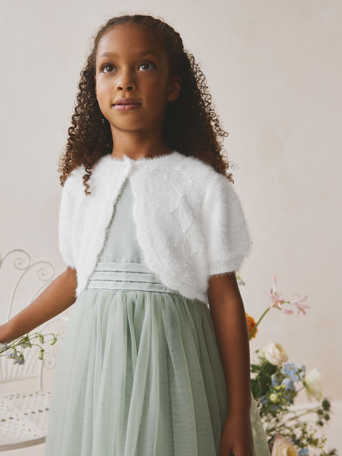 White Occasion Bridesmaid Knitted Fluffy Pearl Cardigan Shrug (3-16yrs)