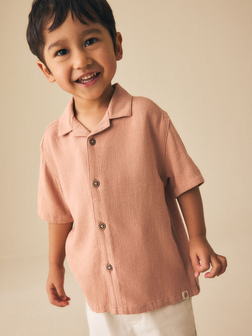 Rust Brown Short Sleeves Linen Blend Revere Collar Shirt (3mths-7yrs)