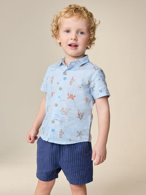 Light Blue Sea All Over Print Short Sleeve Shirt (3mths-7yrs)