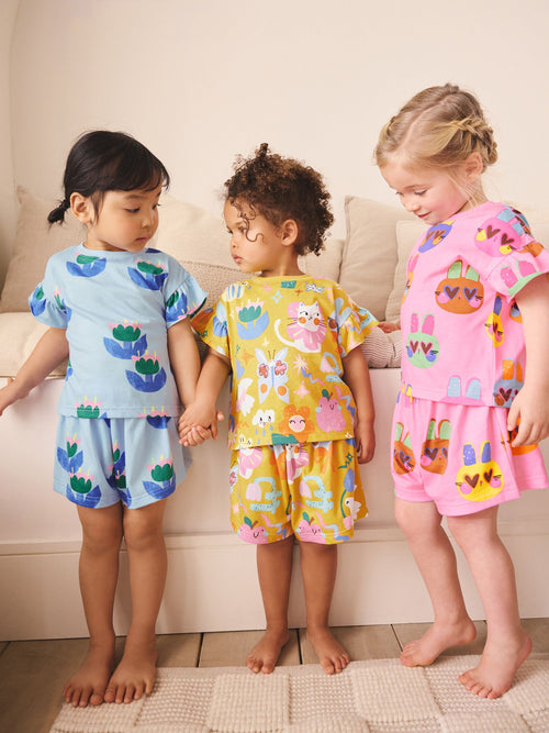Pink/Blue Cat/Floral Print Short Pyjamas 3 Pack (9mths-12yrs)