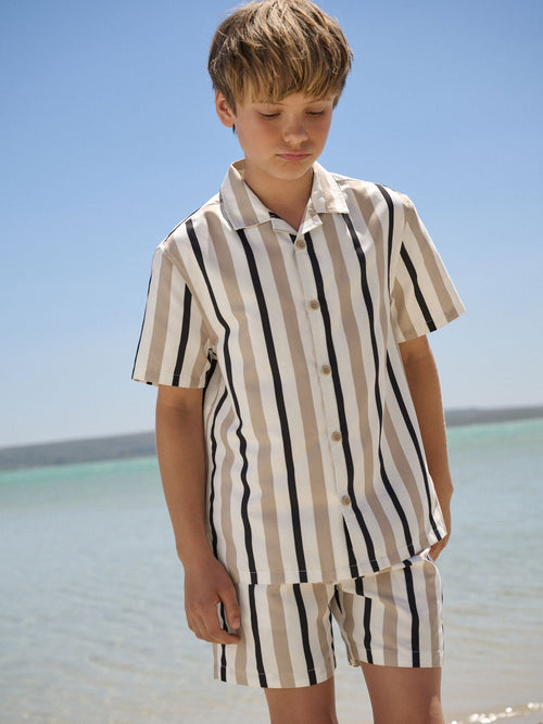 Neutral Stripe Swim Shorts and Shirt Set (3-16yrs)