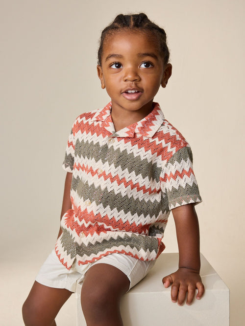 Red/Ecru Striped Short Sleeve Revere Collar Textured Shirt (3mths-7yrs)