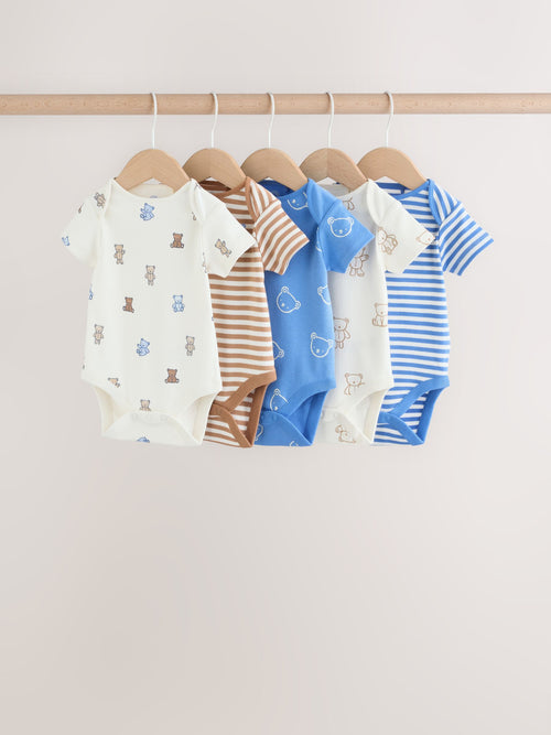 Blue/Ecru Bear Short Sleeve Baby Bodysuits 5 Pack