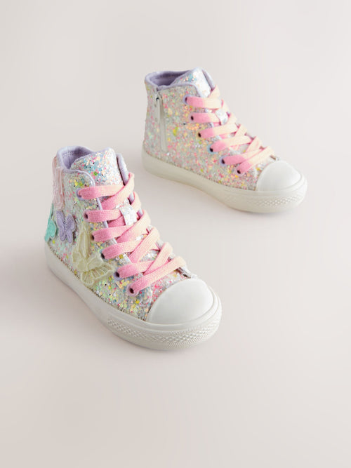 Multi Pastel Glitter Butterfly High Top Trainers