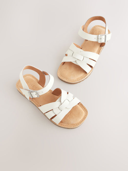 White Wide Fit (G) Leather Woven Sandals