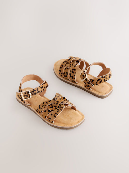 Brown Leopard Print Standard Fit (F) Leather Woven Sandals