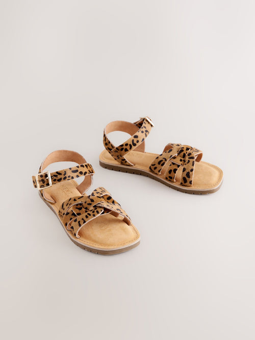 Brown Leopard Print Wide Fit (G) Leather Woven Sandals