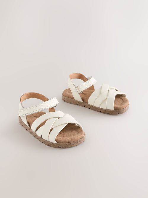 White Leather Woven Sandals with Touch Fastening