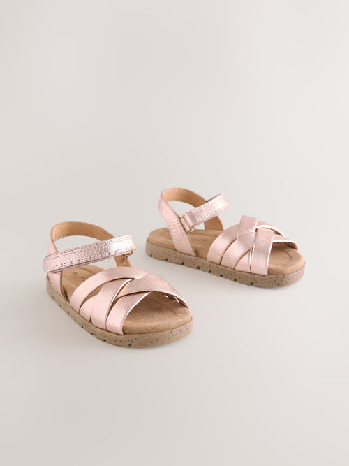 Rose Gold Leather Woven Sandals with Touch Fastening