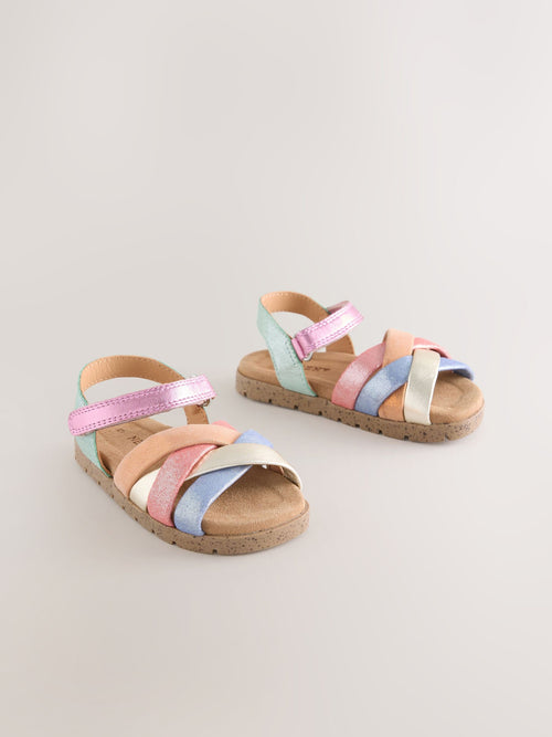 Multi Bright Leather Woven Sandals with Touch Fastening