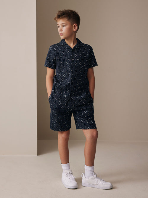 Navy Patterned Revere Button Through Shirt and Shorts Set (3-16yrs)