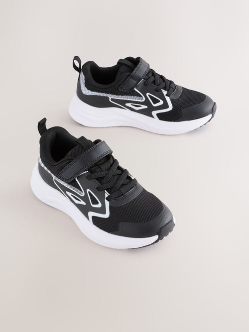 Black/White Standard Fit (F) Touch Fastening Elastic Lace Sporty Trainers