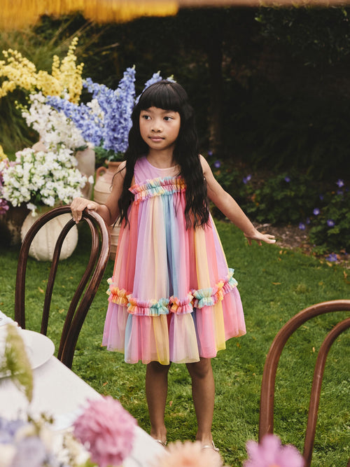 Rainbow Sleeveless Ruffle Mesh Party Dress (3-16yrs)
