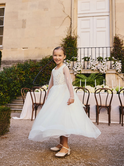 White Floral Embroidered Long Sleeve Flower Bow Dress (3-16yrs)