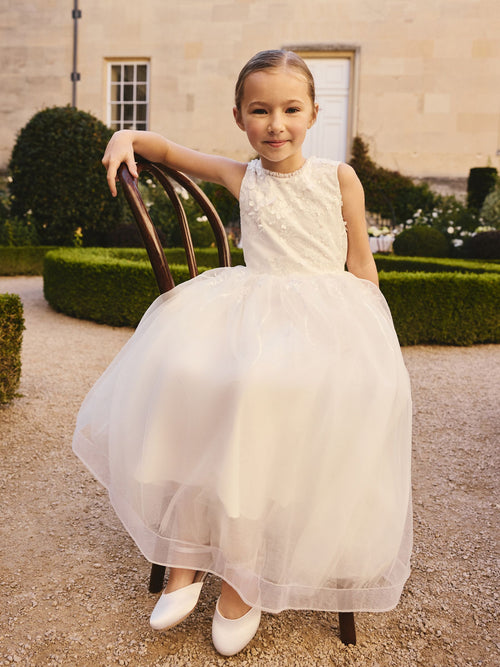 White Floral Embroidered Flower Bow Dress (3-16yrs)