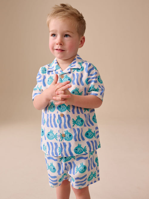 White/Blue Sea All Over Print Short Sleeve Revere Collar Shirt & Shorts Set (3mths-10yrs)