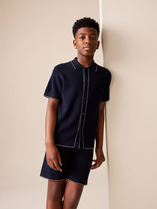 Navy Blue Textured Knitted Polo Shirt and Shorts Set (3-16yrs)