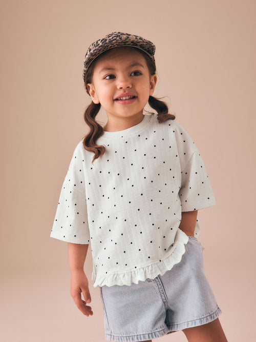 Ecru White Mono Spot Short Sleeve Frill Hem Top (3mths-7yrs)