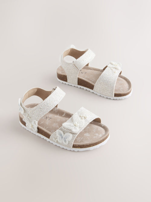 White Glitter Butterfly Standard Fit (F) Touch Fastening Corkbed Sandals