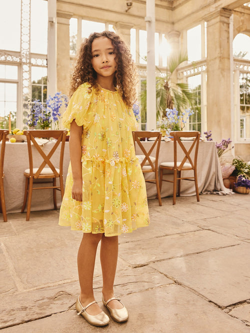 Yellow Embellished Sequin Tiered Mesh Occasion Dress (3-16yrs)