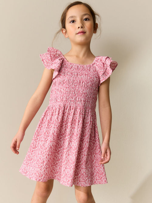 Pink Floral Smocked Frill Sleeve Dress (3-16yrs)