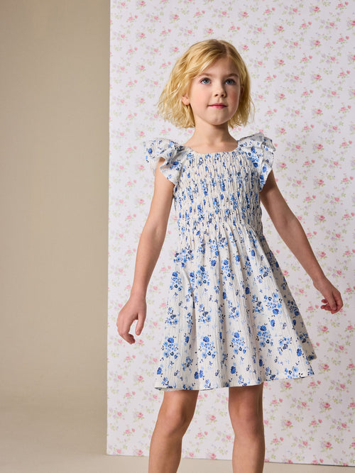 Blue Floral Smocked Frill Sleeve Dress (3-16yrs)