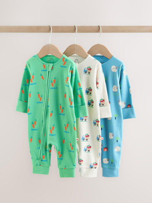 Blue/Green Two Way Zip Baby Sleepsuits 3 Pack (0mths-3yrs)