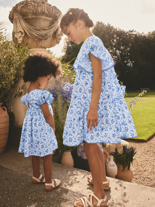 Blue Floral Angel Sleeve Dress (3-16yrs)