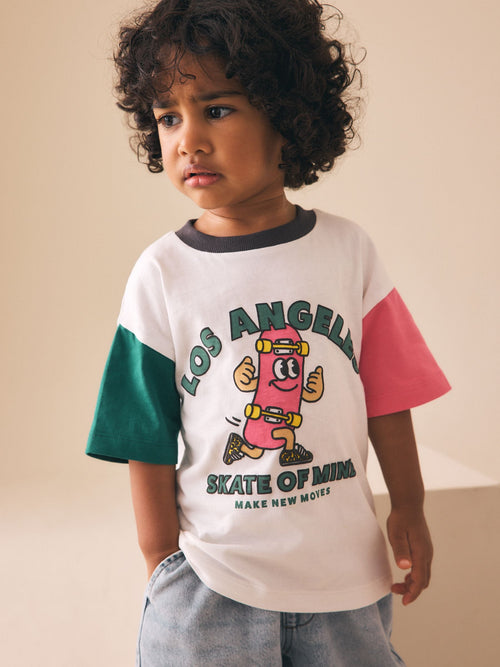 White/Pink/Green Skateboard Short Sleeve Graphic T-Shirt (3mths-7yrs)