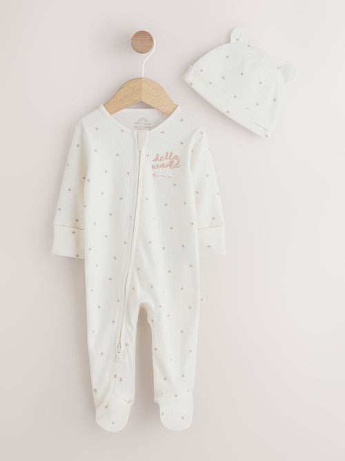 Cream Hello World Baby Sleepsuit and Hat Set (0-9mths)
