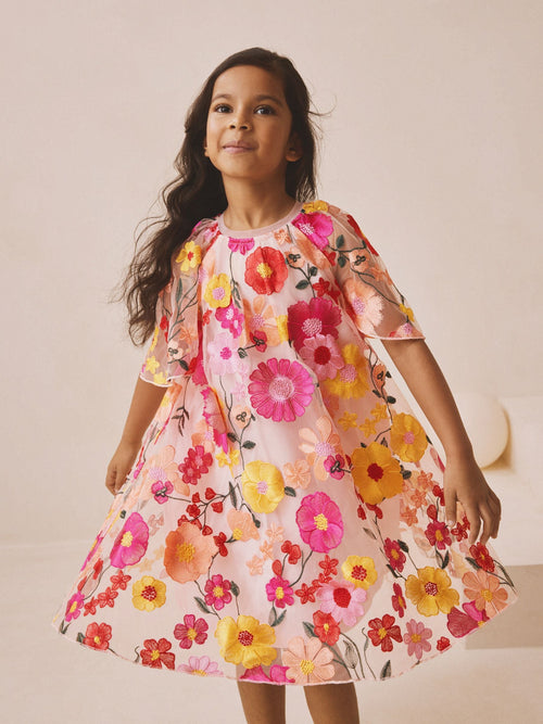 Pink 3D Embroidered Flower Occasion Dress (3-16yrs)